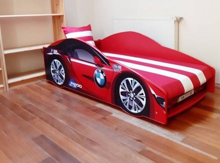 Дитячі ліжка у вигляді машинки БМВ Еліт з матрацом 170 x80 см, без скриньки E-1 червона фото